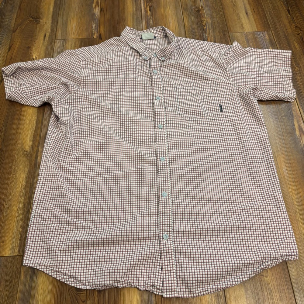 Columbia Mens XL Short Sleeve Plaid Button Down Shirt Red White Blue AM9132